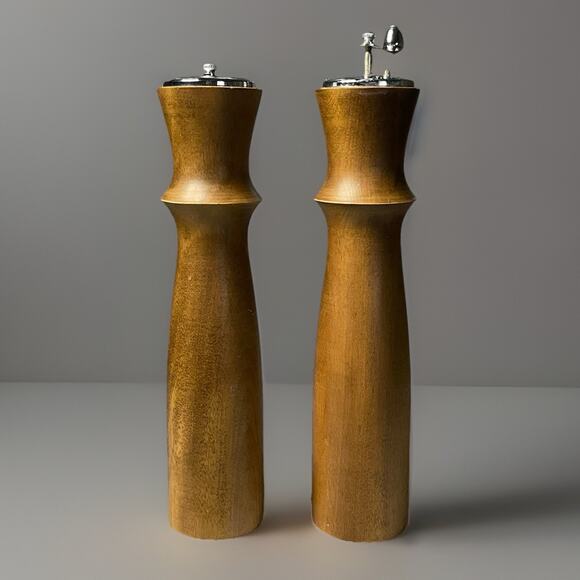 Vintage Teak Wood Pepper Mill and Salt Shaker Set 10" Mid Century Modern - Picture 1 of 5